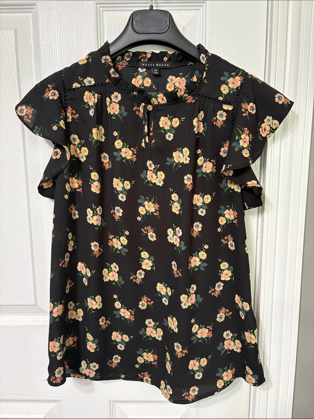 Haute Monde Black Floral Flutter-Sleeve Blouse